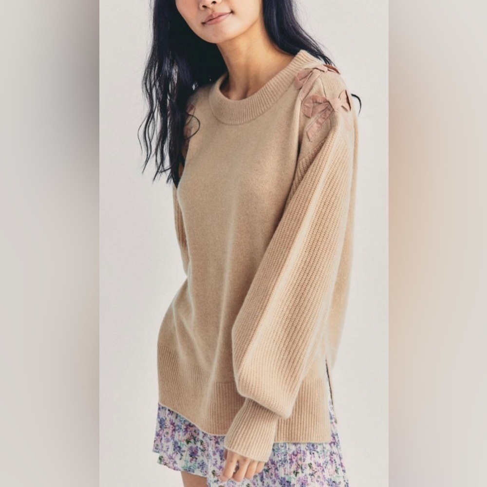LoveShackFancy Shen 100% cashmere sweater pullover with bow NWT